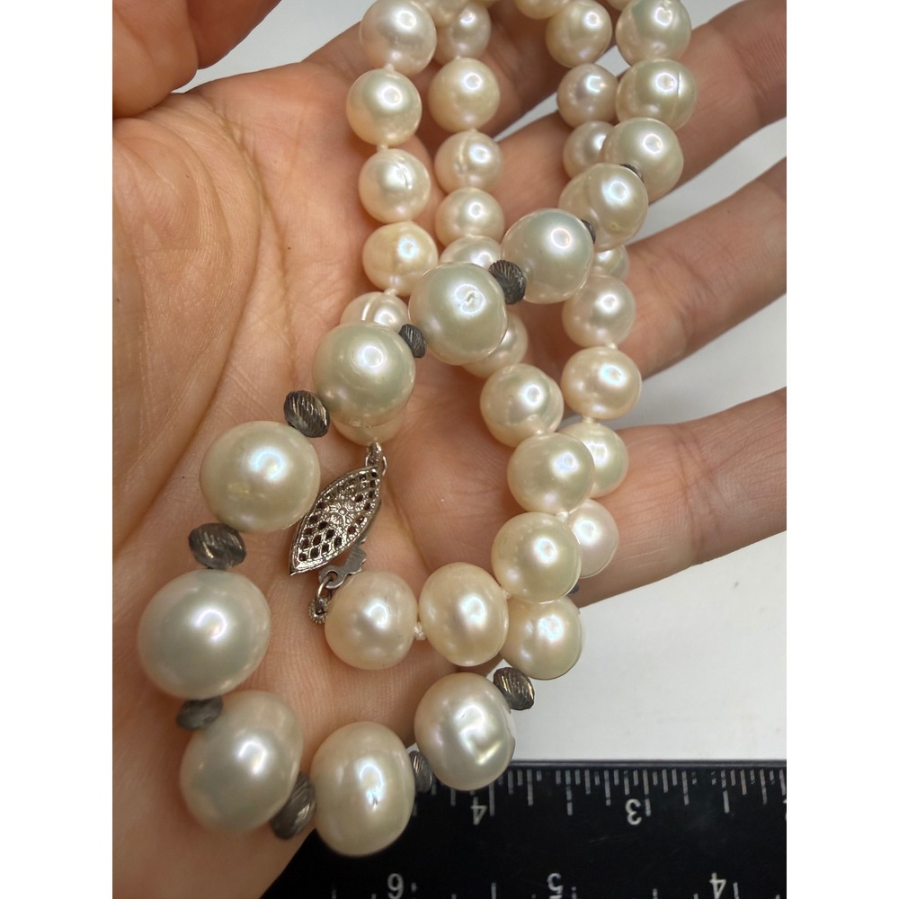 White Cultured Pearl Necklace Silver Tone Filigree Clasp Textured Bead 18in